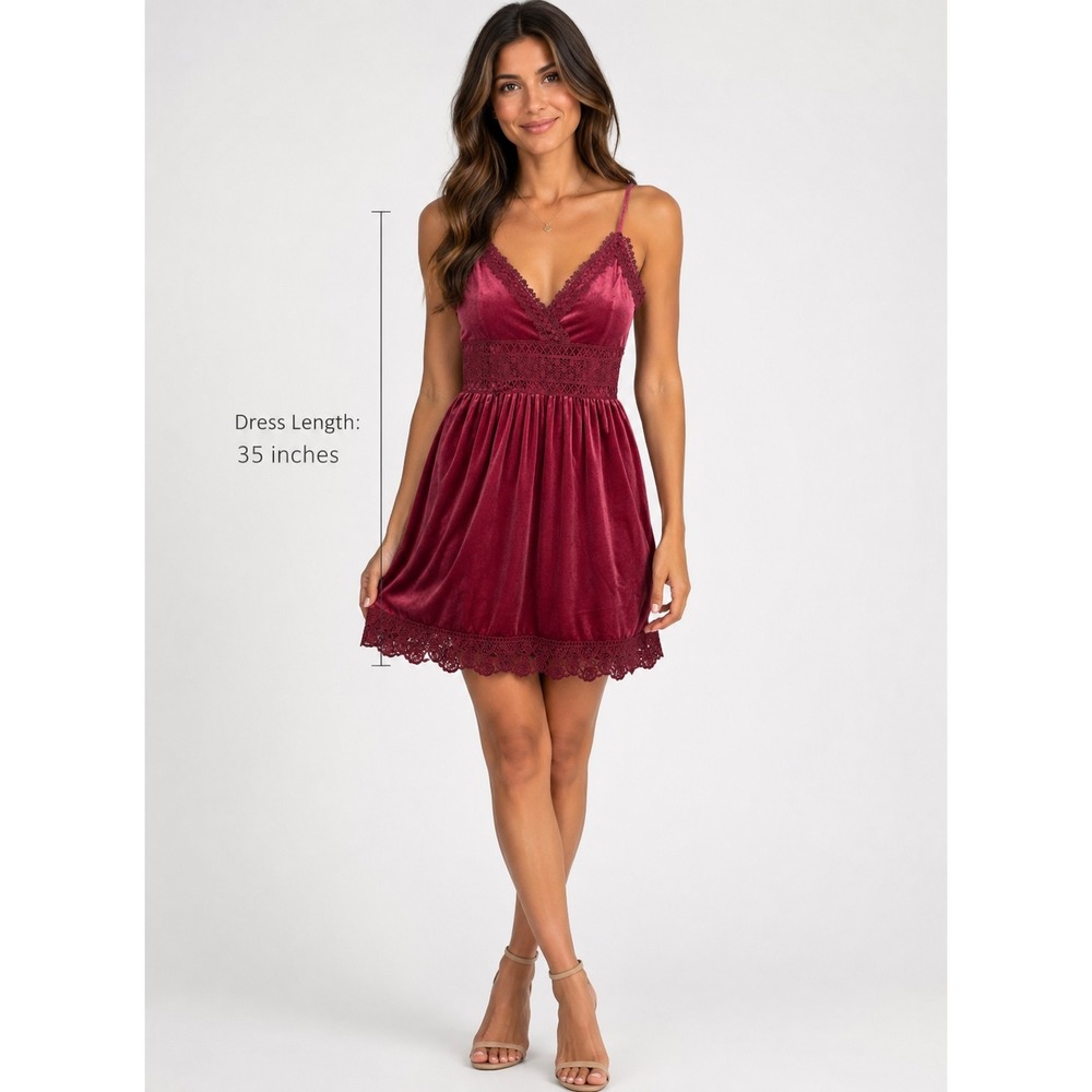 Wishlist Apparel Velvet Mini Dress sz L Burgundy Lace Trim jewel tone cocktail